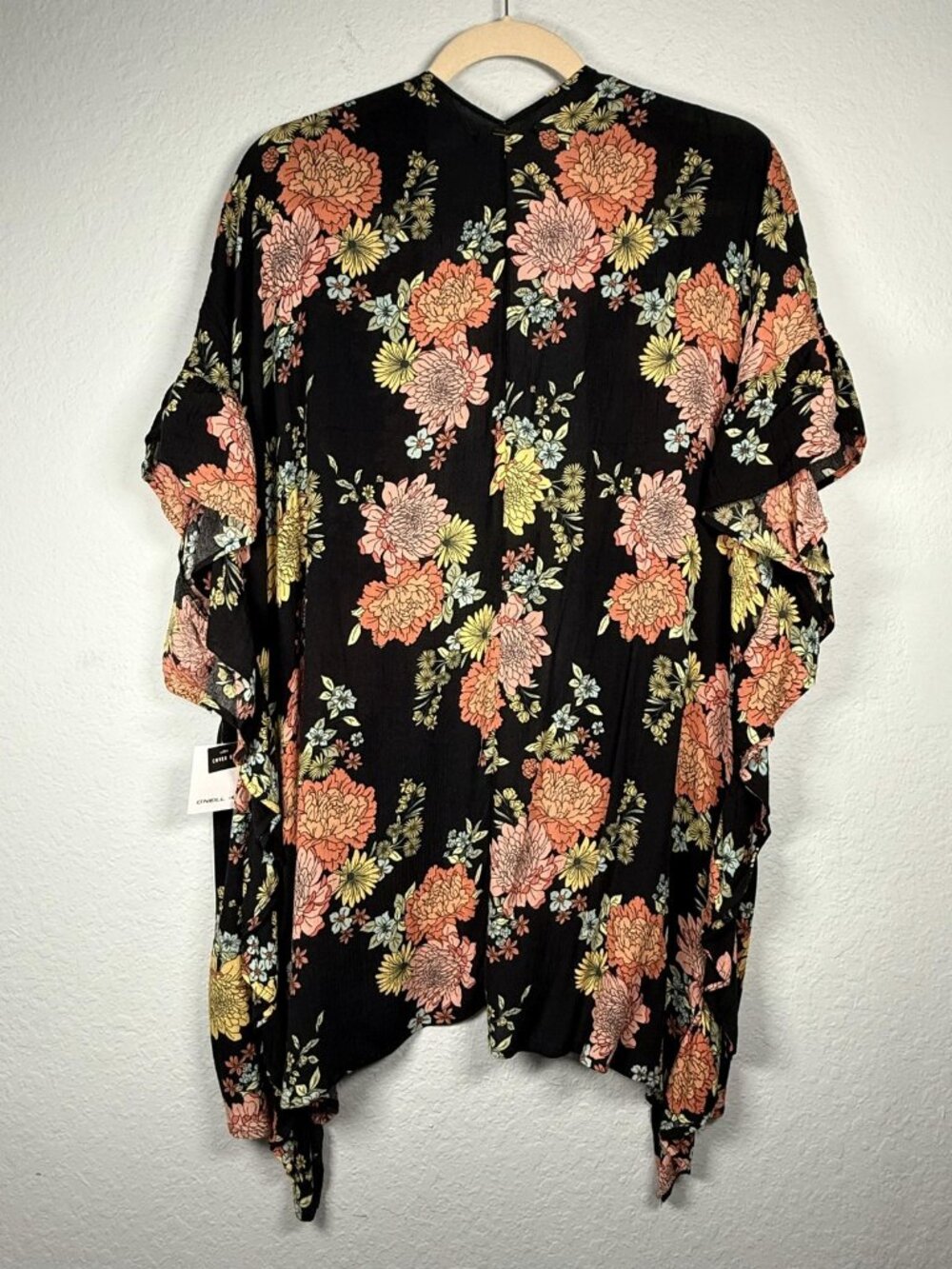 O'Neill Natalie Floral Kimono Cover Up Womens S Black Pink Boho Ruffle Resort - Picture 2 of 9